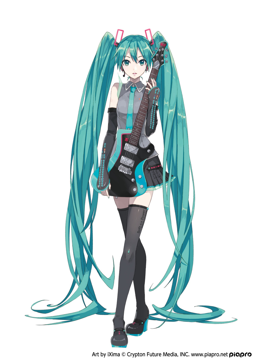 1girl absurdly_long_hair absurdres aqua_eyes aqua_hair aqua_nails aqua_neckwear bare_shoulders black_legwear black_skirt black_sleeves boots commentary crossed_legs crypton_future_media detached_sleeves electric_guitar esp_guitars full_body grey_shirt guitar hair_ornament hatsune_miku hatsune_miku_(vocaloid4) headphones headset high_heels highres holding holding_instrument instrument ixima long_hair looking_at_viewer miniskirt nail_polish necktie official_art parted_lips piapro pleated_skirt shirt simple_background skindentation skirt sleeveless sleeveless_shirt sleeves_past_wrists solo standing thigh-highs thigh_boots twintails v4x very_long_hair vocaloid white_background zettai_ryouiki