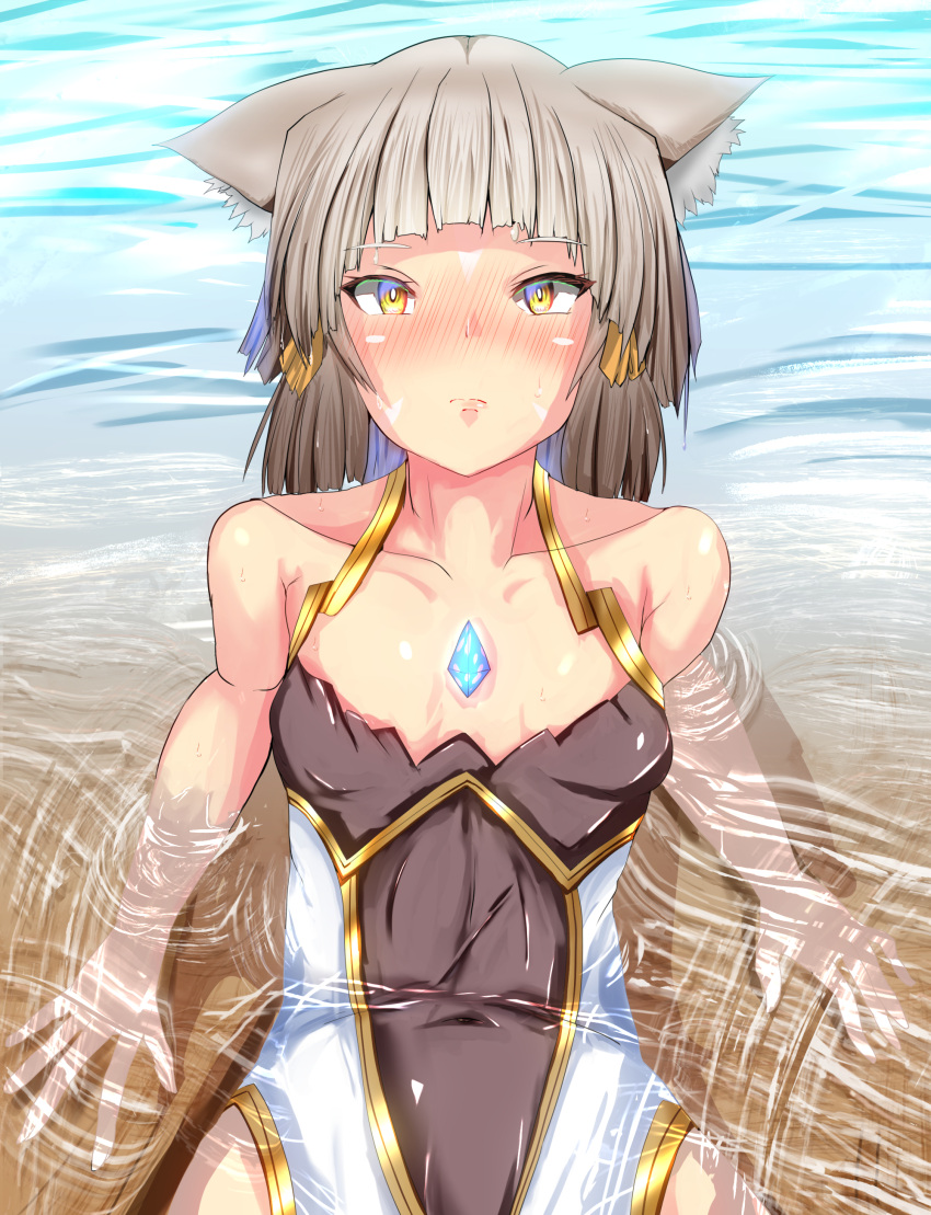 1girl absurdres animal_ears awestruck bangs blunt_bangs blush cat_ears crystal facial_mark flat_chest hair_ornament highres in_water looking_at_viewer looking_up nia_(blade)_(xenoblade) nia_(xenoblade) ocean shindayomon short_hair silver_hair sitting swimsuit swimwear xenoblade_chronicles_(series) xenoblade_chronicles_2 yellow_eyes