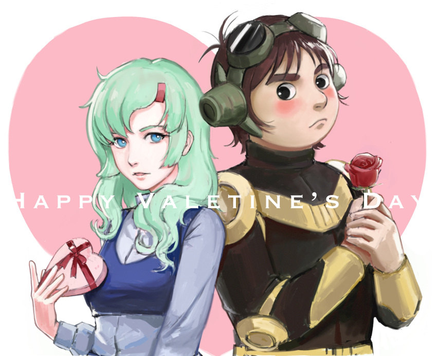 1boy 1girl aqua_hair black_eyes blue_eyes blush box breasts bright_pupils brown_hair candy chocolate chocolate_heart elchi_cargo flower food hair_behind_ear hair_ornament hairclip happy_valentine heart highres holding holding_box holding_flower jiron_amos nekkikamille pilot_suit red_flower red_rose rose sentou_mecha_xabungle small_breasts valentine white_pupils