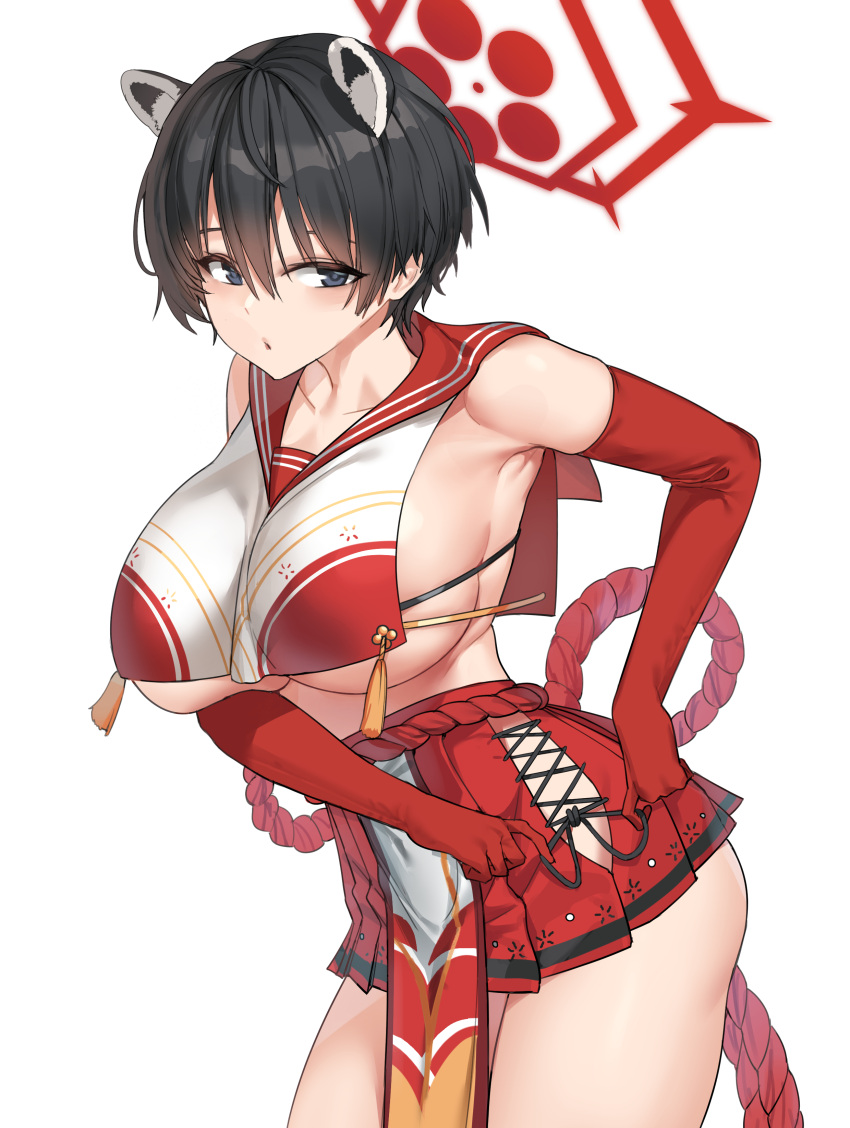 1girl :o absurdres animal_ears black_hair blue_archive blue_eyes breasts collarbone elbow_gloves gloves hair_between_eyes highres large_breasts pleated_skirt red_gloves red_skirt short_hair simple_background skirt solo thighs tsubaki_(blue_archive) under_boob urrrt white_background