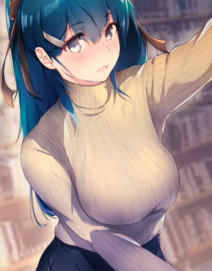 1girl bangs black_skirt blue_hair blurry blurry_background book bookshelf breasts commentary_request dermar eyebrows_visible_through_hair grey_eyes hair_between_eyes hair_ornament hair_ribbon hairclip highres indoors jaku-chara_tomozaki-kun large_breasts library long_hair long_sleeves looking_at_viewer lush open_mouth ponytail ribbed_sweater ribbon signature skirt solo sweater turtleneck turtleneck_sweater yellow_sweater