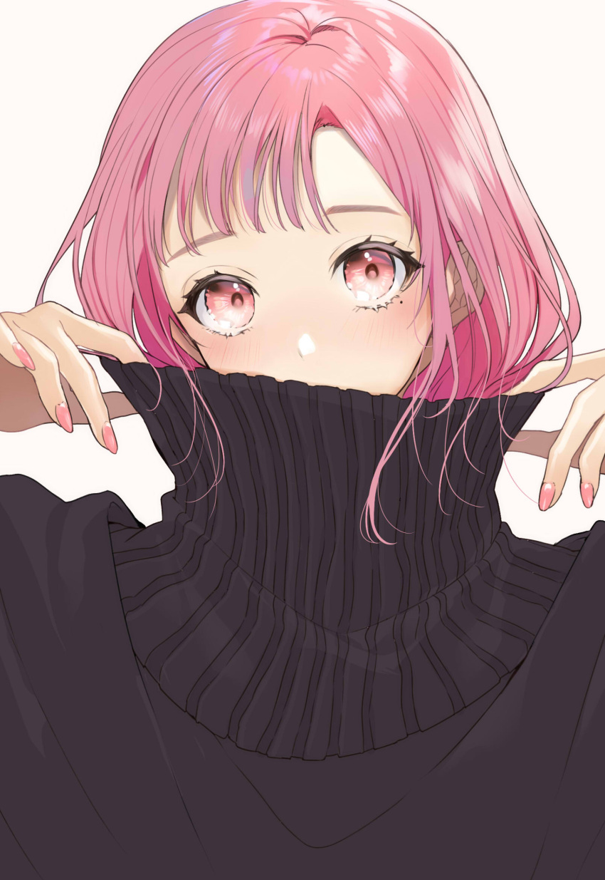 1girl black_sweater blush commentary_request fingernails highres long_fingernails long_hair looking_at_viewer mole mole_under_eye nail_polish original pink_hair pink_nails red_eyes short_hair simple_background sogawa solo sweater turtleneck turtleneck_sweater upper_body white_background