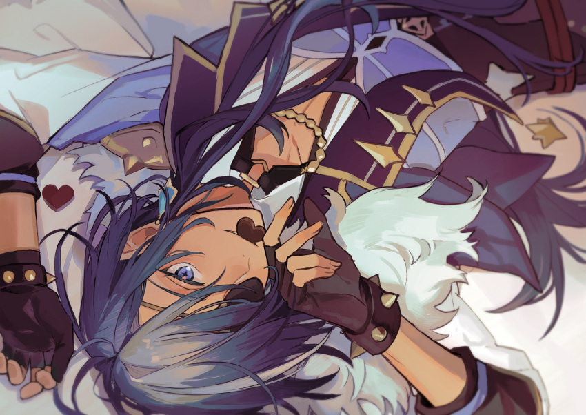 1boy aee_gnsn arms_up belt blue_eyes blue_hair blue_jacket brown_gloves candy chocolate chocolate_heart commentary dark_skin dark_skinned_male eyepatch fingerless_gloves food food_in_mouth fur-trimmed_collar genshin_impact gloves hair_over_one_eye heart highres jacket kaeya_(genshin_impact) long_hair lying male_cleavage on_back on_bed open_clothes open_shirt red_belt solo symbol_commentary toned toned_male upper_body upside-down