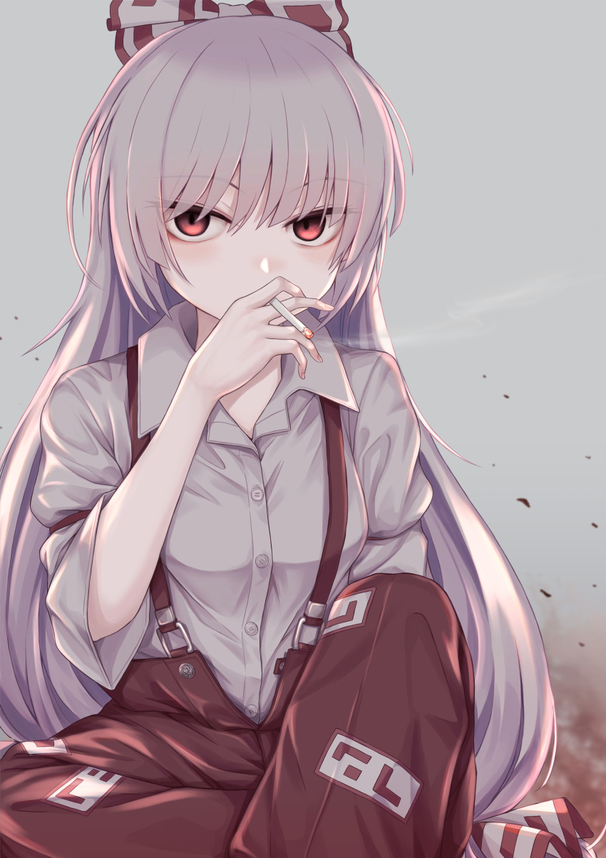 1girl absurdres bow breasts cigarette commentary_request embers feet_out_of_frame fujiwara_no_mokou hair_bow highres holding holding_cigarette long_hair long_sleeves looking_at_viewer medium_breasts pants red_bow red_eyes red_pants shirt silver_hair smoking solo suspenders touhou two-tone_bow very_long_hair white_bow white_shirt yonoisan