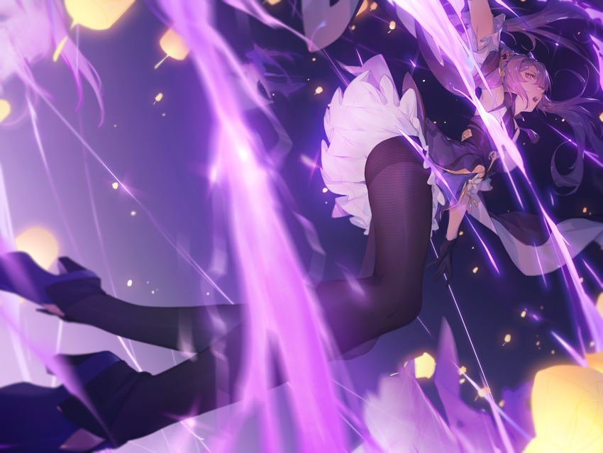 1girl armpits detached_sleeves dress frilled_dress frilled_skirt frilled_sleeves frills from_below full_body genshin_impact gloves high_heels highres keqing_(genshin_impact) legs lightning open_mouth outstretched_arms pantyhose purple_hair skirt twintails violet_eyes zhiyan_li