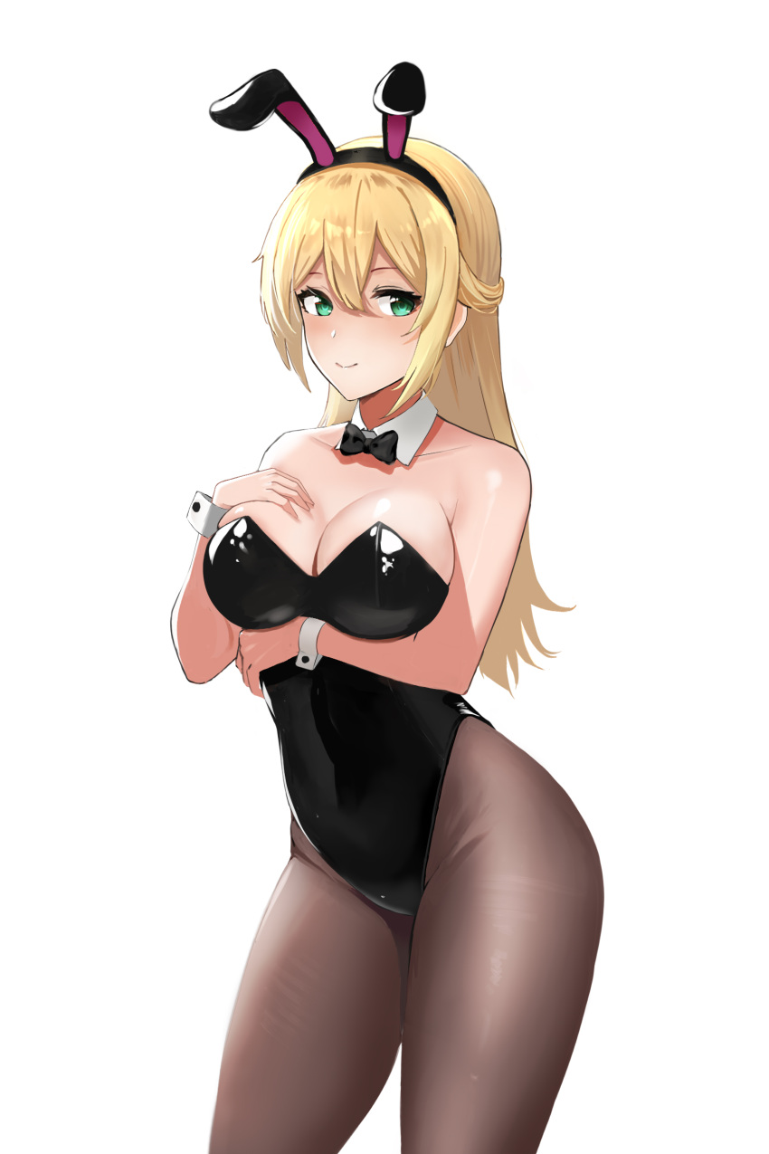 1girl absurdres animal_ears arm_under_breasts bangs bare_arms bare_shoulders black_leotard blonde_hair blush bow bowtie breasts brown_legwear collarbone contrapposto cowboy_shot detached_collar fake_animal_ears green_eyes hair_between_eyes hairband hand_on_breast hands_up highleg highleg_leotard highres leotard long_hair looking_at_viewer medium_breasts original pantyhose playboy_bunny rabbit_ears shiny shiny_clothes sidelocks simple_background smile solo standing strapless strapless_leotard tari_(aegr3883) wrist_cuffs