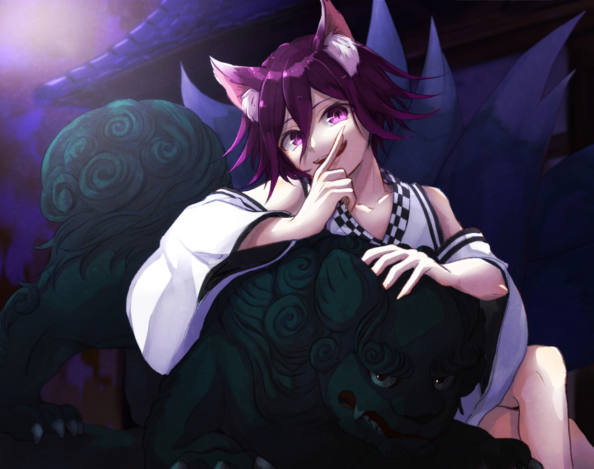 1boy :d alternate_costume animal_ears bangs bare_shoulders building collarbone commentary_request covering_mouth crossed_legs dangan_ronpa_(series) dangan_ronpa_v3:_killing_harmony fox_ears fox_tail hair_between_eyes hand_over_own_mouth index_finger_raised japanese_clothes kimono kitsune kitsunebi_v3kokonn long_sleeves looking_at_viewer open_mouth ouma_kokichi outdoors pale_skin purple_hair short_hair sitting smile solo statue sweatdrop tail upper_teeth violet_eyes wide_sleeves