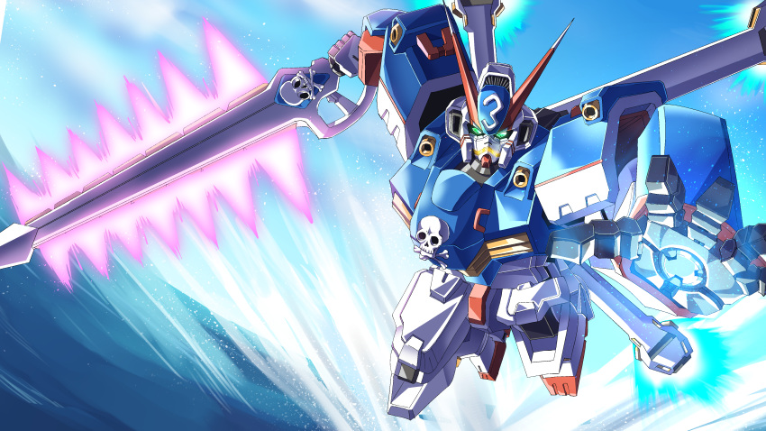 absurdres crossbone_gundam crossbone_gundam_x-3 energy_sword flying glowing glowing_hand gundam highres holding holding_sword holding_weapon mecha mobile_suit no_humans ocean open_hand papa-kun_(destiny549-2) science_fiction skull_and_crossbones solo sword v-fin water weapon