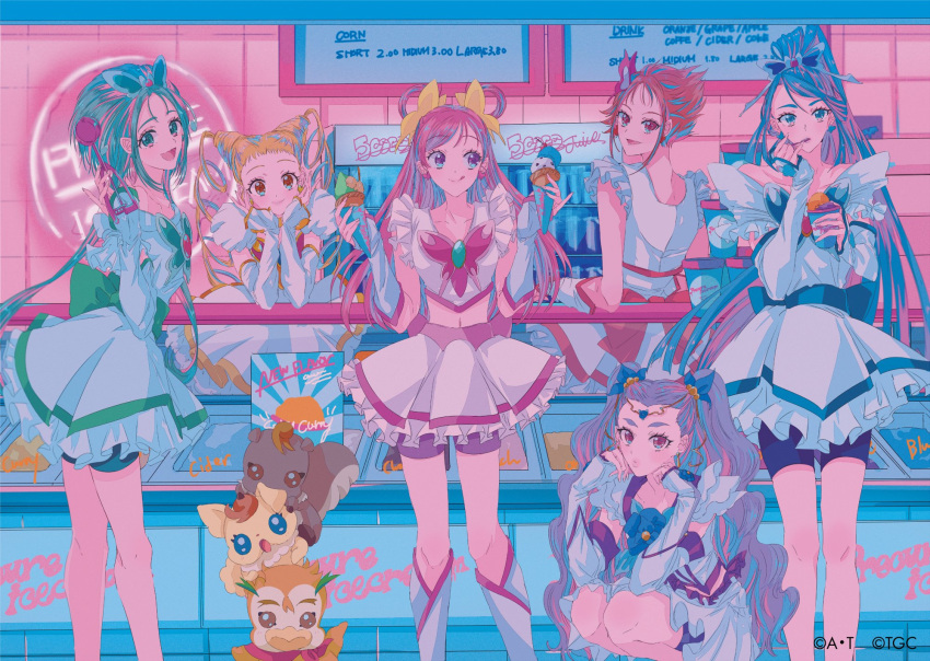 6+girls :p akimoto_komachi bike_shorts biting blonde_hair blue_hair boots brown_eyes butterfly_hair_ornament closed_mouth coco_(yes!_precure_5) commentary_request copyright crop_top cure_aqua cure_dream cure_lemonade cure_mint cure_rouge detached_sleeves dress drill_hair ear_biting eating elbow_rest english_text engrish_text food freezer green_eyes green_hair hair_ornament hair_rings hands_on_own_cheeks hands_on_own_face head_rest high_ponytail highres ice_cream ice_cream_cone ice_cream_cup ice_cream_scoop ice_cream_spoon kasugano_urara_(yes!_precure_5) kneeling lips long_hair looking_at_another looking_at_viewer magical_girl midriff milky_rose mimino_kurumi minazuki_karen multiple_girls najuco_(naju0517) natsuki_rin navel neon_lights nuts_(yes!_precure_5) official_art open_mouth orange_hair pink_hair pouty_lips precure purple_hair ranguage red_eyes shop short_hair shorts shorts_under_skirt sidelocks sideways_glance sign skirt smile spoon stomach syrup_(yes!_precure_5) tongue tongue_out twin_drills typo very_long_hair violet_eyes yes!_precure_5 yes!_precure_5_gogo! yumehara_nozomi