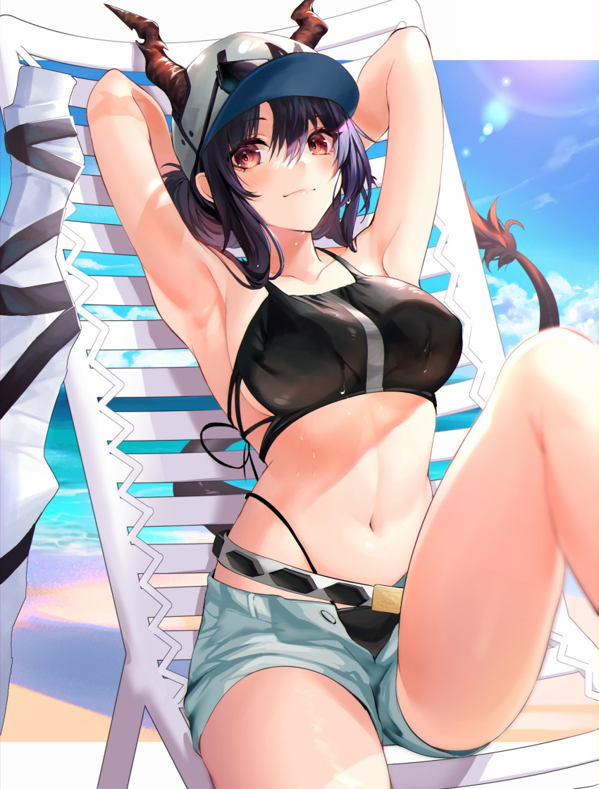 1girl arknights armpits arms_behind_head arms_up bare_arms bare_shoulders baseball_cap beach_chair bikini black_bikini blue_hair blue_sky breasts ch'en_(arknights) commentary_request day dragon_horns female_tourist_c_(arknights) grey_shorts hat highres horns horns_through_headwear knee_up large_breasts looking_at_viewer navel open_fly red_eyes short_hair short_shorts shorts sky solo spica_(spica_1510) stomach swimsuit tail thighs white_headwear