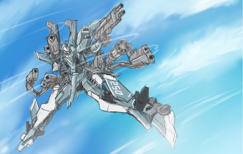 clouds dual_wielding extra_arms flying frame_arms gun handgun holding holding_gun holding_weapon mecha no_humans pistol science_fiction sketch sky solo stylet_(frame_arms) suzu_(garage516) weapon