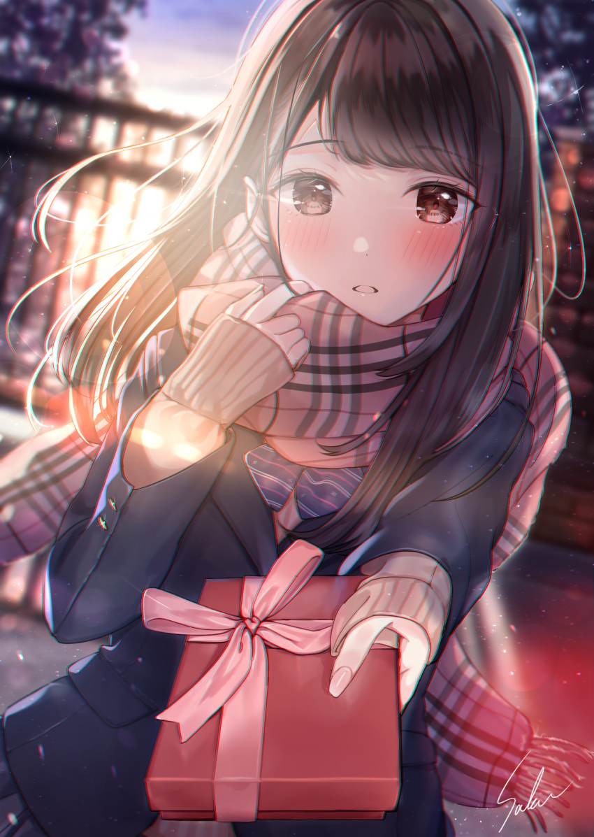 1girl :o bangs blurry blush box brown_eyes brown_hair coat depth_of_field eyebrows_visible_through_hair gift giving highres holding holding_box long_hair long_sleeves looking_at_viewer original outdoors parted_lips pink_ribbon pov ribbon sakura_(39ra) scarf signature solo sparkle striped striped_scarf sunlight uniform upper_body valentine