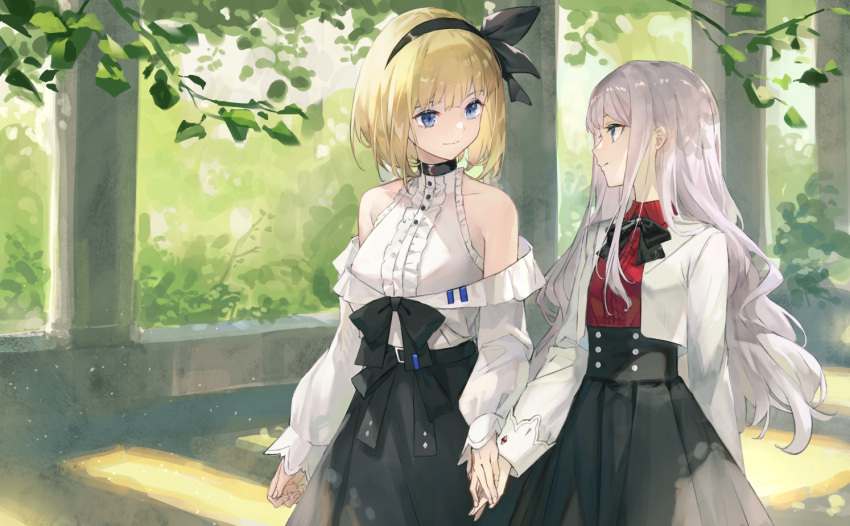 2girls bangs bare_shoulders black_bow black_hairband black_ribbon black_skirt blue_eyes bow center_frills closed_mouth collared_shirt commentary_request dress_shirt eye_contact eyebrows_behind_hair frills hair_ribbon hairband hands_together high-waist_skirt jacket kobuta long_hair long_sleeves looking_at_another multiple_girls open_clothes open_jacket original pleated_skirt profile puffy_long_sleeves puffy_sleeves red_shirt ribbon shirt silver_hair skirt sleeveless sleeveless_shirt sleeves_past_wrists smile very_long_hair white_jacket white_shirt yuri