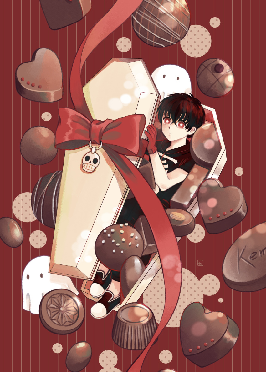 1boy absurdres black_hair black_shirt bow candy chocolate chocolate_heart coffin copyright_name food gloves heart highres kemono_jihen kusaka_kabane mululeee red_background red_bow red_eyes red_gloves red_ribbon ribbon shirt shoes short_sleeves sneakers solo valentine