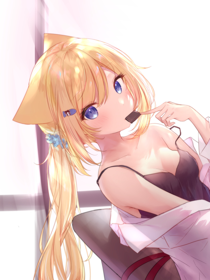1girl animal_ears bare_shoulders blonde_hair blue_eyes breasts camisole cat_ears chocolate collarbone guo582 hanazono_serena hanazono_serena_(channel) highres long_hair looking_at_viewer medium_breasts mouth_hold off_shoulder open_clothes open_shirt ponytail shirt sleeveless sleeveless_shirt solo spaghetti_strap upper_body valentine virtual_youtuber white_shirt