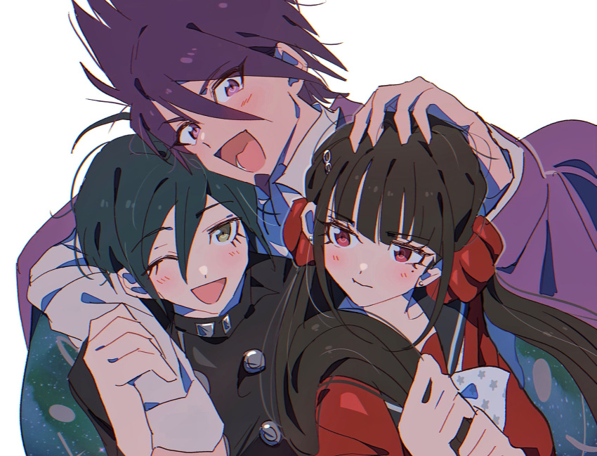 1girl 2boys :d arm_on_shoulder black_hair black_sailor_collar blush brown_hair buttons commentary dangan_ronpa_(series) dangan_ronpa_v3:_killing_harmony earrings eyebrows_visible_through_hair eyelashes facial_hair gakuran goatee grgrton hand_on_another's_arm hand_on_another's_head harukawa_maki highres jacket jacket_on_shoulders jewelry long_hair long_sleeves looking_at_another momota_kaito multiple_boys neckerchief one_eye_closed open_clothes open_jacket open_mouth playing_with_own_hair purple_hair purple_jacket red_eyes red_scrunchie red_shirt saihara_shuuichi sailor_collar school_uniform scrunchie shirt simple_background smile space_print spiky_hair starry_sky_print twintails upper_body violet_eyes white_background white_neckwear white_shirt yellow_eyes