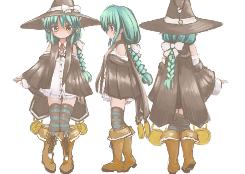1girl aqua_hair aqua_legwear bangs bare_shoulders black_cloak black_headwear blush boots bow braid breasts brown_footwear cloak commentary_request cross-laced_footwear dress eyebrows_visible_through_hair from_behind from_side full_body hair_bow hair_tie hat hat_bow hat_ribbon heel_up knee_boots knees_together_feet_apart long_hair long_sleeves looking_at_viewer multiple_views neck_ribbon off_shoulder original pointy_ears red_neckwear red_ribbon ribbon shiny shiny_hair short_dress simple_background single_braid sleeves_past_wrists small_breasts standing striped striped_legwear thigh-highs thigh_gap tied_hair ugogogesik white_background white_bow white_dress white_ribbon witch_hat yellow_eyes zettai_ryouiki