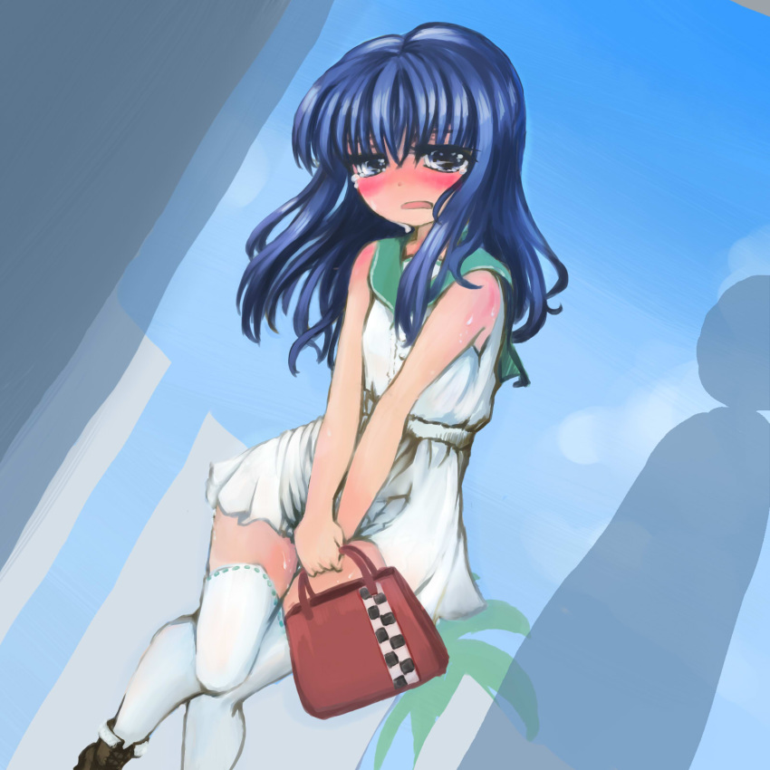1girl bag bare_shoulders between_legs blue_background blue_eyes blue_hair blush brown_footwear commentary_request dress green_sailor_collar half-closed_eyes hand_between_legs handbag hands_together have_to_pee highres knees_together_feet_apart long_hair open_mouth original red_bag sailor_collar sailor_dress shoes simple_background sleeveless sleeveless_dress standing standing_on_one_leg sweat tears thigh-highs ugogogesik white_dress white_legwear zettai_ryouiki