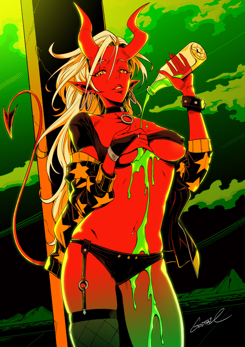 1girl bottle bracelet bridal_gauntlets collar colored_skin covered_nipples demon_girl demon_tail earrings fingernails gloves godtail green_theme high_contrast highres horns jewelry looking_at_viewer navel off-shoulder_jacket off_shoulder original parted_lips pointy_ears red_skin sharp_fingernails signature single_glove single_thighhigh skindentation solo swimsuit swimwear tail thigh-highs water_bottle white_hair yellow_eyes