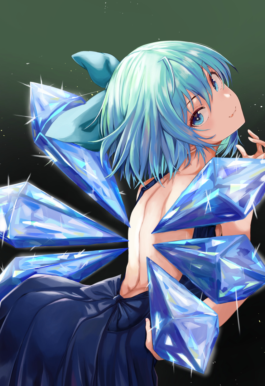 1girl alternate_costume ass back backless_outfit black_background blue_dress blue_eyes blue_hair bow cirno closed_mouth dress gradient gradient_background green_background hair_bow hand_on_hip highres ice ice_wings koujouchou licking_lips looking_at_viewer looking_back medium_hair smile solo tongue tongue_out touhou wings