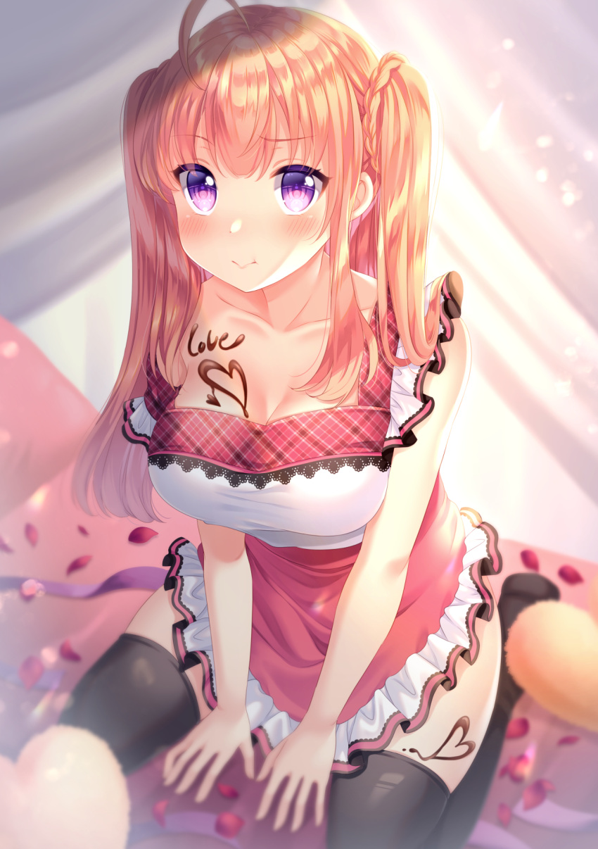 1girl ahoge bangs blush breasts candy chocolate chocolate_heart chocolate_on_breasts closed_mouth dress eyebrows_visible_through_hair eyes_visible_through_hair food hair_ornament happy heart highres hose looking_at_viewer medium_breasts moe2021 multicolored multicolored_background orange_hair original petals pink_dress shizuki_aya short_hair smile solo thigh-highs twintails valentine violet_eyes