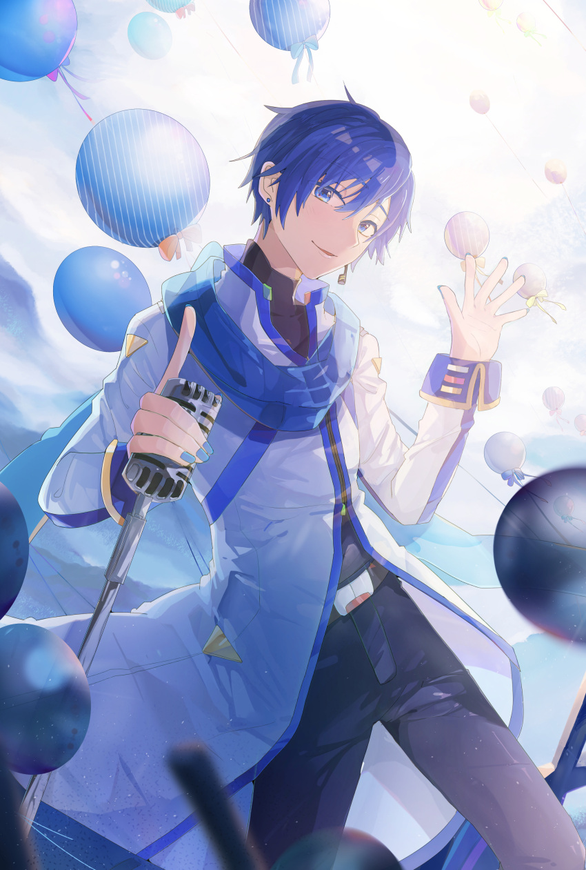 1boy absurdres anniversary balloon belt blue_eyes blue_hair blue_nails blue_pants blue_scarf blue_shirt coat commentary cowboy_shot earrings english_commentary hands_up headset highres holding holding_microphone index_finger_raised jewelry kaito kaito_(vocaloid3) linch looking_at_viewer male_focus microphone microphone_stand nail_polish pants parted_lips scarf shirt smile standing vocaloid white_coat