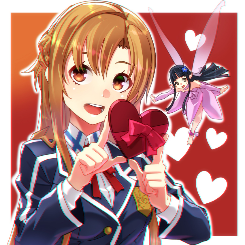 2girls :d asuna_(sao) bangs blue_jacket box braid breasts brown_eyes brown_hair chromatic_aberration collared_shirt commentary_request detached_sleeves dress eyebrows_behind_hair fairy fairy_wings gift gift_box hands_up heart heart-shaped_box highres is_ii jacket long_hair long_sleeves looking_at_viewer minigirl multiple_girls neck_ribbon open_mouth parted_bangs pink_dress pink_sleeves red_ribbon ribbon shirt small_breasts smile strapless strapless_dress sword_art_online titania_(sao) upper_body upper_teeth valentine very_long_hair white_shirt wings