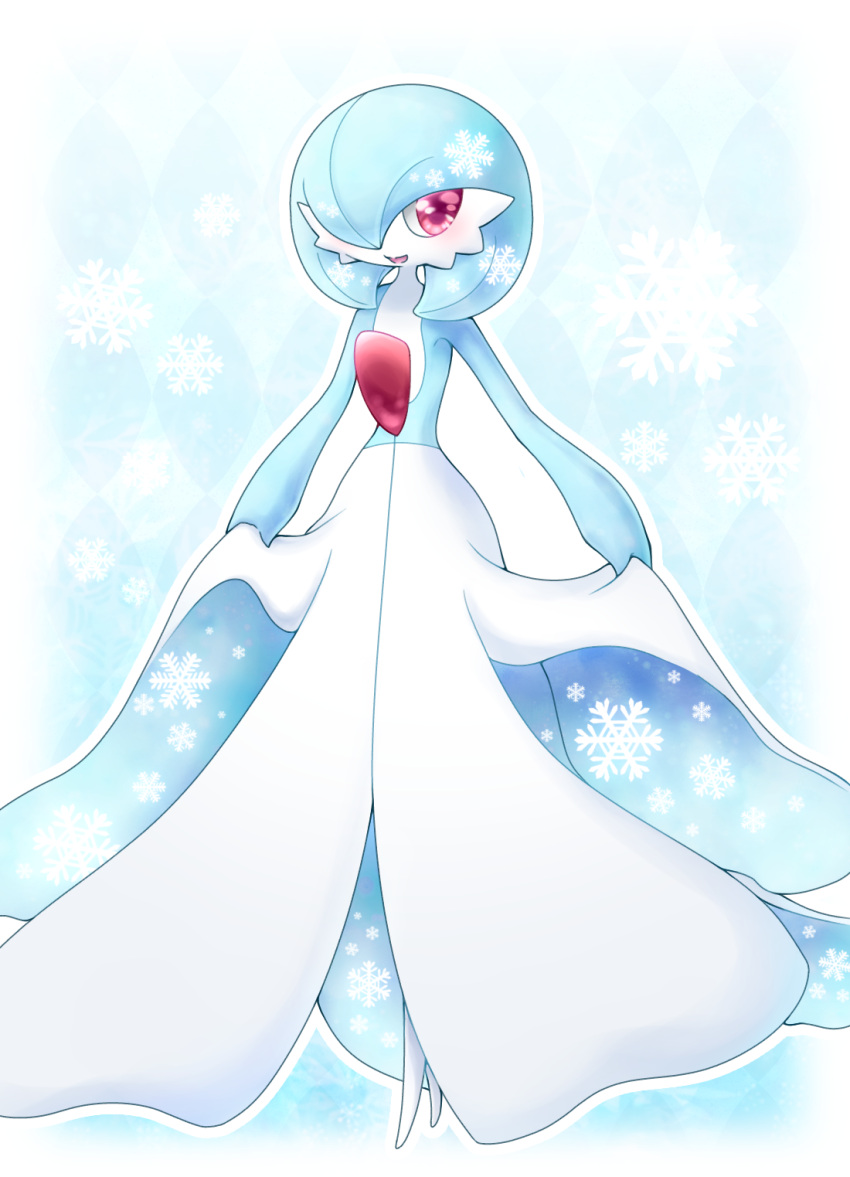 1girl alternate_color blue_background blue_hair blush commentary_request full_body gardevoir gen_3_pokemon hair_over_one_eye happy highres looking_at_viewer muguet open_mouth outline pokemon pokemon_(creature) red_eyes shiny_pokemon short_hair smile snowflakes solo standing