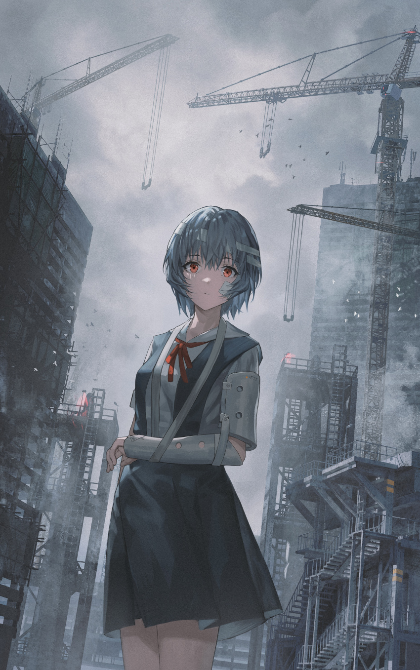 1girl absurdres ayanami_rei bandage_on_face bandaged_head bandages bangs bird blue_dress blue_hair breasts building cast cityscape closed_mouth clouds cloudy_sky cowboy_shot crane_(machine) dress dress_shirt expressionless fog hair_between_eyes highres homutan_(syjg2733) injury looking_at_viewer medium_breasts neck_ribbon neon_genesis_evangelion outdoors pinafore_dress red_eyes red_ribbon ribbon school_uniform shirt short_hair short_sleeves sky sling solo stairs standing tower white_shirt wind