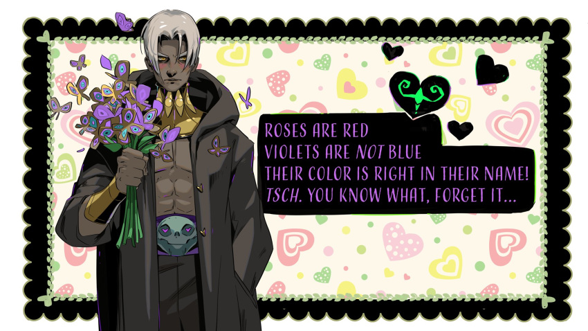 1boy abs belt blush bouquet bug butterfly dark_skin dark_skinned_male english_text flower hades_(game) hand_in_pocket heart highres hood hood_down insect jen_zee male_focus official_art open_clothes silver_hair skull thanatos_(hades) valentine yellow_eyes