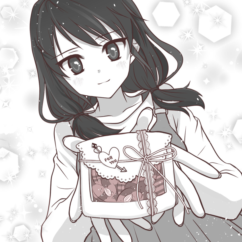 1girl arrow_(symbol) arrow_through_heart bangs blush casual closed_mouth collarbone commentary_request dress english_text eyebrows_visible_through_hair gift greyscale heart highres holding holding_gift incoming_gift long_hair long_sleeves looking_at_viewer low_twintails moma_(moma49664517) monochrome shirt sleeveless sleeveless_dress smile solo sparkle sparkle_background spot_color tamura_yuri twintails upper_body valentine watashi_ga_motenai_no_wa_dou_kangaetemo_omaera_ga_warui!