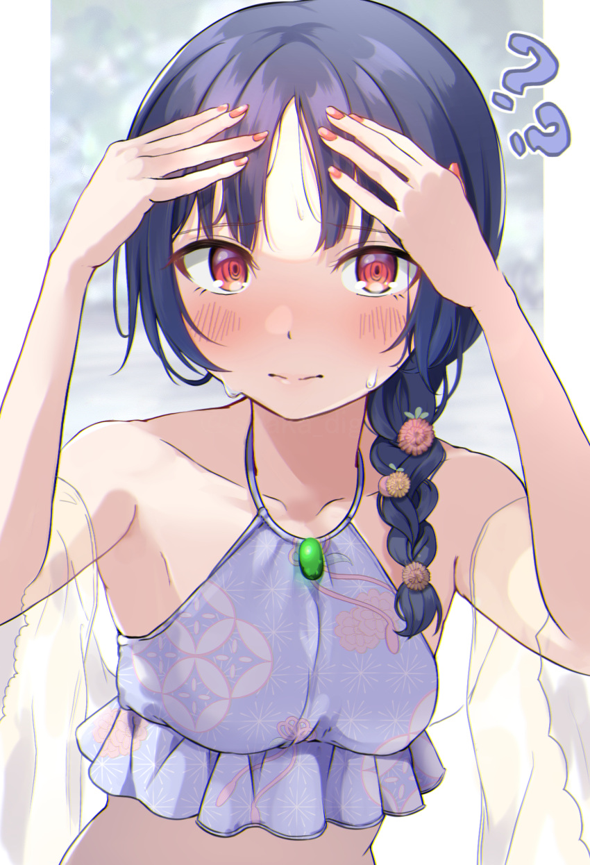 1girl ?? armpits arms_up bangs bare_arms bare_shoulders bikini black_hair blue_bikini blush braid breasts brown_flower closed_mouth collarbone commentary_request eyebrows_visible_through_hair flower hair_flower hair_ornament hair_over_shoulder highres idolmaster idolmaster_shiny_colors long_hair looking_at_viewer morino_rinze nail_polish parted_bangs red_eyes red_nails see-through shaka_(staito0515) single_braid small_breasts solo sweat swimsuit upper_body yellow_flower