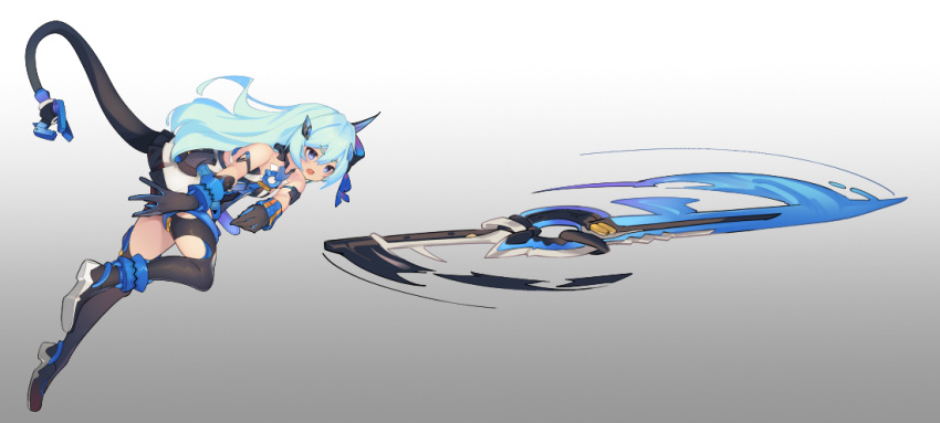 1girl aqua_hair asymmetrical_horns backless_outfit bare_shoulders black_gloves blade breasts gloves high_heels honkai_(series) honkai_impact_3rd horns liliya_olenyeva long_hair mechanical_tail naoya_come prehensile_tail small_breasts solo tail thigh-highs very_long_hair violet_eyes