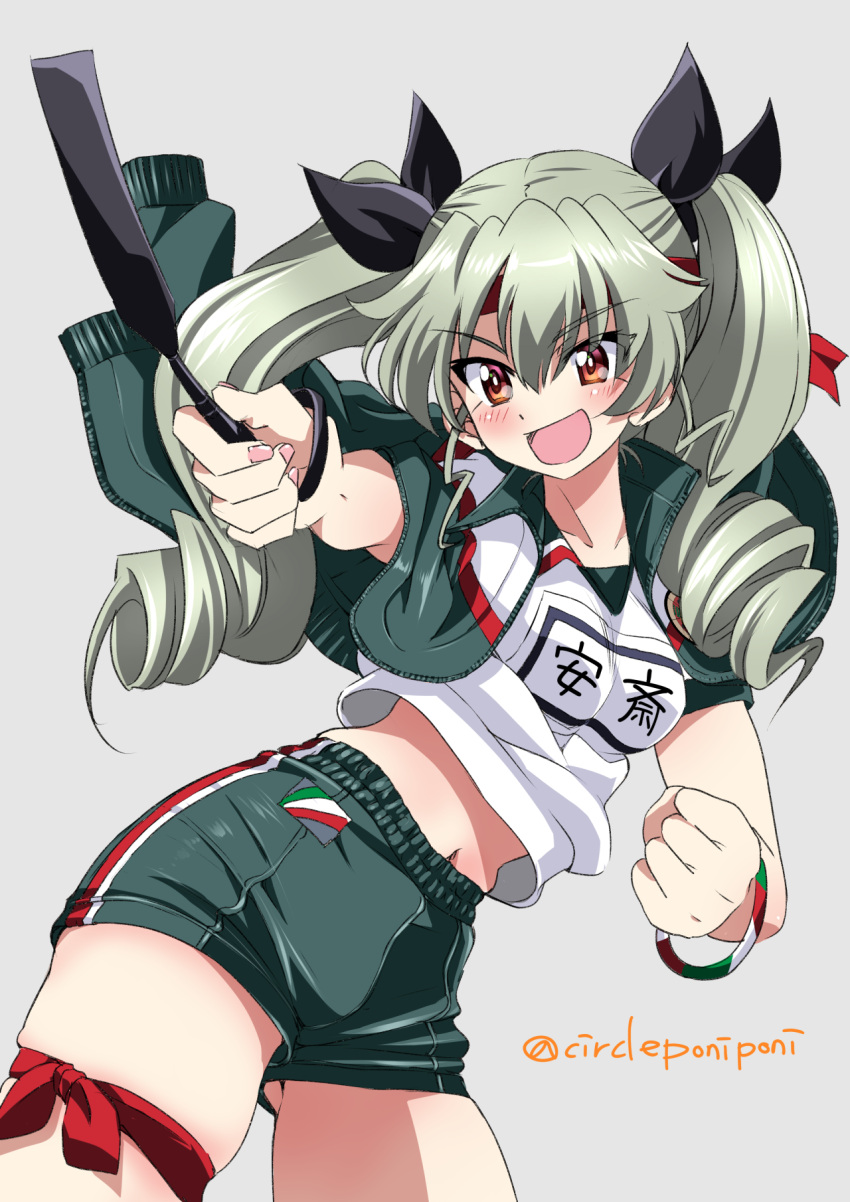 1girl anchovy_(girls_und_panzer) blush breasts collarbone drill_hair eyebrows_visible_through_hair girls_und_panzer green_hair green_shorts gym_shorts gym_uniform hair_ornament hair_ribbon highres inoue_yoshihisa medium_breasts navel open_mouth orange_eyes ribbon riding_crop shiny shiny_hair shiny_skin shorts simple_background skindentation smile solo twin_drills twintails white_background