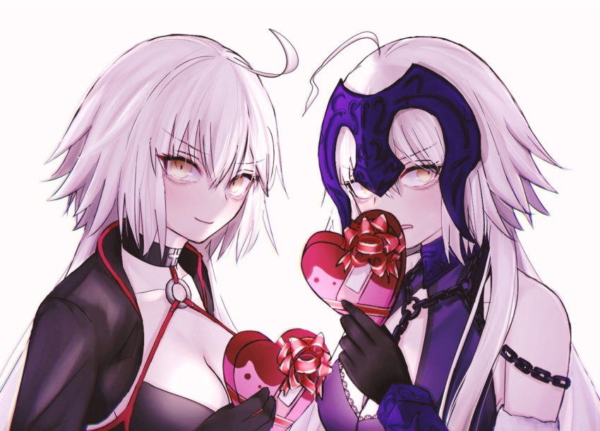 2girls ahoge chain fate/grand_order fate_(series) headpiece heart jeanne_d'arc_(alter)_(fate) jeanne_d'arc_(alter_swimsuit_berserker)_(fate) jeanne_d'arc_(fate)_(all) looking_at_viewer multiple_girls roro_982 white_background white_hair yellow_eyes