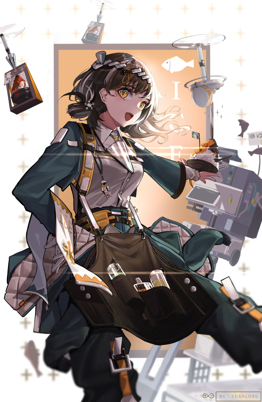 1girl absurdres arknights bangs black_pants bowl breasts brown_hair buckle collared_shirt drone fish food grey_shirt hair_ornament hand_on_hip hand_up highres holding holding_bowl long_sleeves looking_at_viewer magallan_(arknights) medium_breasts multicolored_hair open_mouth pants shirt short_hair smile solo star_(symbol) strap streaked_hair tagme tongue yellow_eyes yuan_long