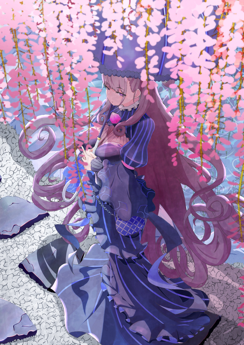 1girl absurdres amethyst_(gemstone) black_dress blue_umbrella brown_hair dress fate/grand_order fate_(series) flower frilled_umbrella gem hair_up highres iroha_mochi juliet_sleeves long_sleeves looking_at_viewer looking_up murasaki_shikibu_(fate) puff_and_slash_sleeves puffy_sleeves sei_shounagon_(fate) solo two_side_up umbrella violet_eyes wisteria