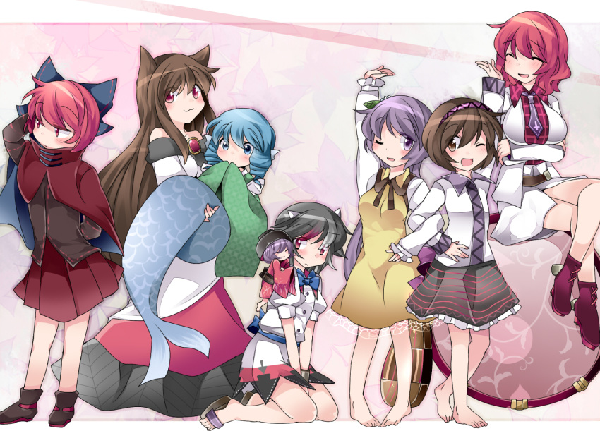 6+girls :3 :d ;d ^_^ animal_ears arm_up bare_shoulders barefoot biwa_lute black_hair blue_eyes blue_hair blush boots bow breasts brooch brown_eyes brown_hair capelet carrying closed_eyes commentary crossed_arms double_dealing_character dress drill_hair drum hair_bow hairband hammer_(sunset_beach) hand_on_hip horikawa_raiko horns imaizumi_kagerou instrument jewelry kijin_seija locked_arms long_hair looking_at_viewer lute_(instrument) mermaid minigirl multicolored_hair multiple_girls necktie on_shoulder open_mouth ponytail princess_carry purple_hair red_eyes redhead sandals sekibanki short_hair siblings sisters sitting skirt skirt_set smile sukuna_shinmyoumaru tail touhou tsukumo_benben tsukumo_yatsuhashi twin_drills violet_eyes wakasagihime wink wolf_ears yellow_dress