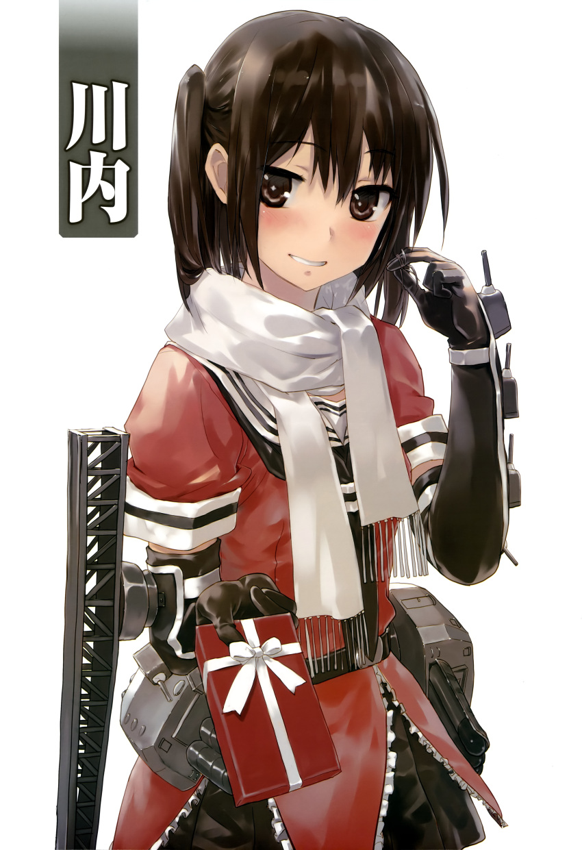 1girl absurdres blush bob_(biyonbiyon) brown_eyes brown_hair chocolate elbow_gloves gloves highres kantai_collection looking_at_viewer nyantype scan scarf sendai_(kantai_collection) solo translation_request twintails valentine white_background