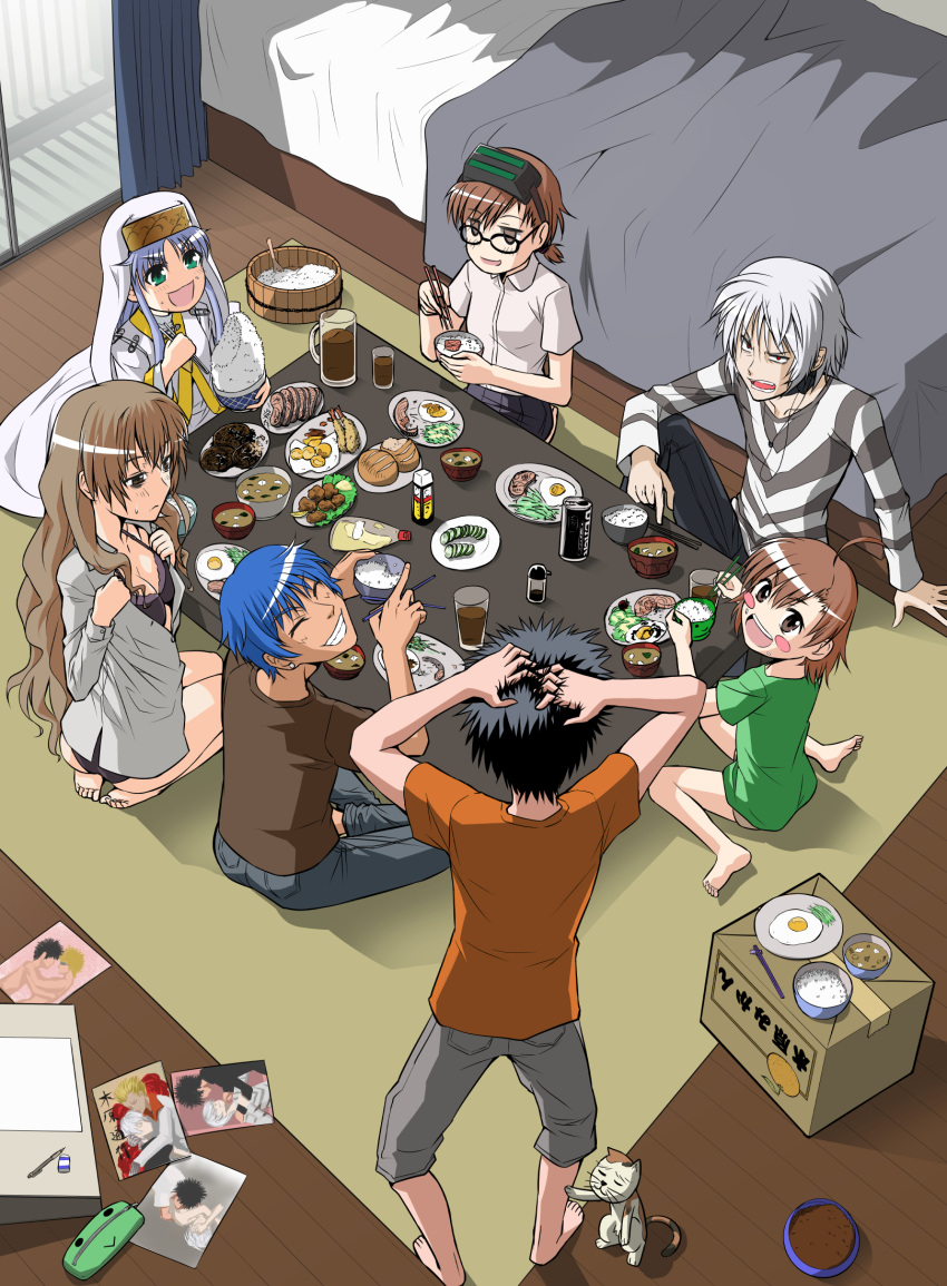 4girls 5boys accelerator albino alternate_costume alternate_hairstyle angry animal_hood aogami_pierce arm_support bags_under_eyes bed bed_sheet bedroom bespectacled black_hair blonde_hair blue_hair blush blush_stickers box bra bread breasts brown_eyes brown_hair cat cat_hood choker chopsticks closed_eyes coffee_mug drawing_board drawings earphones eating egg empty_eyes food food_on_face gekota glasses green_eyes habit hands_on_own_head head_mounted_display highres hood index indian_style indoors kamijou_touma kihara_amata kiyama_harumi kneeling labcoat last_order long_hair long_sleeves misaka_imouto multiple_boys multiple_girls nun open_clothes open_coat panties pencil pencil_case pointing pointing_finger red_eyes rice rice_cooker rice_on_face rice_spoon rubber seiza shirt short_hair short_pants short_sleeves silver_hair sitting skirt smile smiley_face smirk soup soy_sauce sphinx_(index) spiky_hair t-shirt table to_aru_kagaku_no_railgun to_aru_majutsu_no_index tsuchimikado_motoharu underwear undressing vegetable waiz009 wariza wavy_hair white_hair wooden_floor yaoi