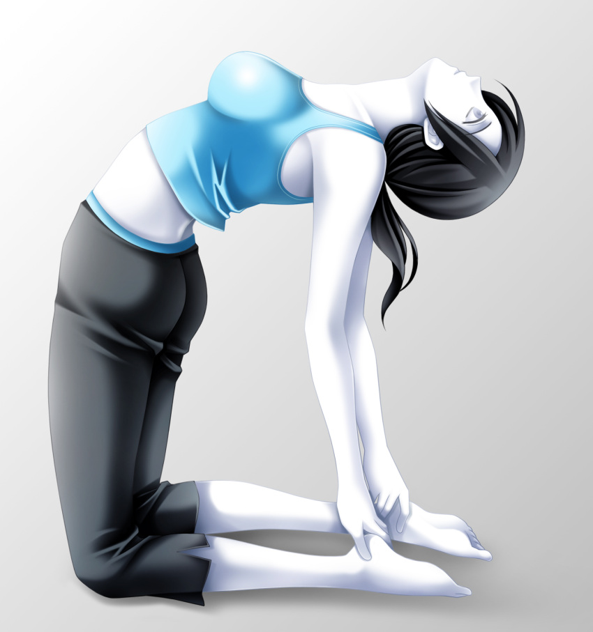 1girl ass barefoot black_hair breasts capri_pants feet grey_eyes highres long_hair looking_up solo stretch tamamon tank_top white_skin wii_fit wii_fit_trainer