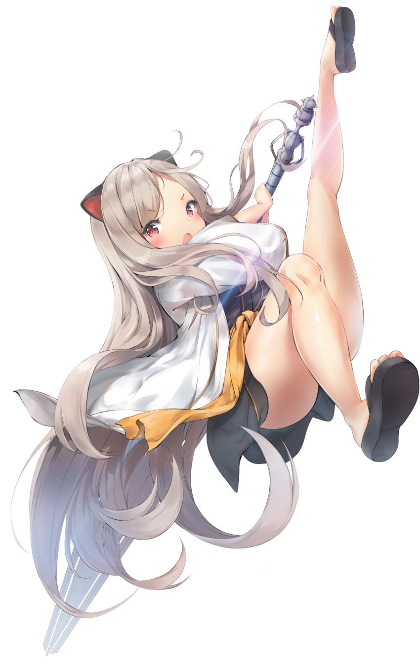 1girl absurdres animal_ears black_kimono blade_&amp;_soul brown_eyes brown_hair cat_ears convenient_leg full_body highres incoming_attack japanese_clothes jumping keibeam kimono leg_up legs long_hair looking_at_viewer lyn_(blade_&amp;_soul) open_mouth robe sandals short_kimono shouting simple_background solo thighs toes very_long_hair white_background white_robe
