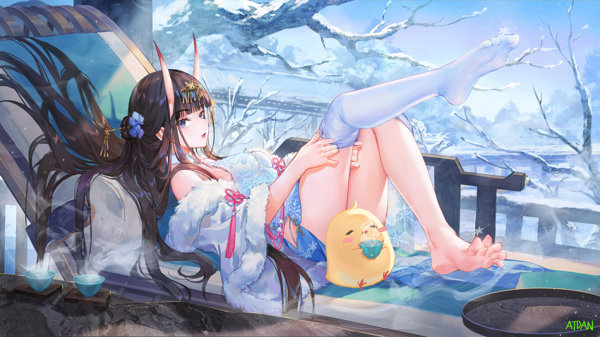 1girl atdan azur_lane bare_shoulders barefoot black_hair dress feet from_side fur_trim gradient highres horns knees_up leg_up long_hair looking_at_viewer looking_to_the_side manjuu_(azur_lane) noshiro_(azur_lane) noshiro_(fragrance_of_the_eastern_snow)_(azur_lane) off_shoulder official_alternate_costume oni_horns open_mouth revision short_dress single_thighhigh sleeveless sleeveless_dress smile soles solo thigh-highs thighs toes very_long_hair violet_eyes white_dress white_legwear