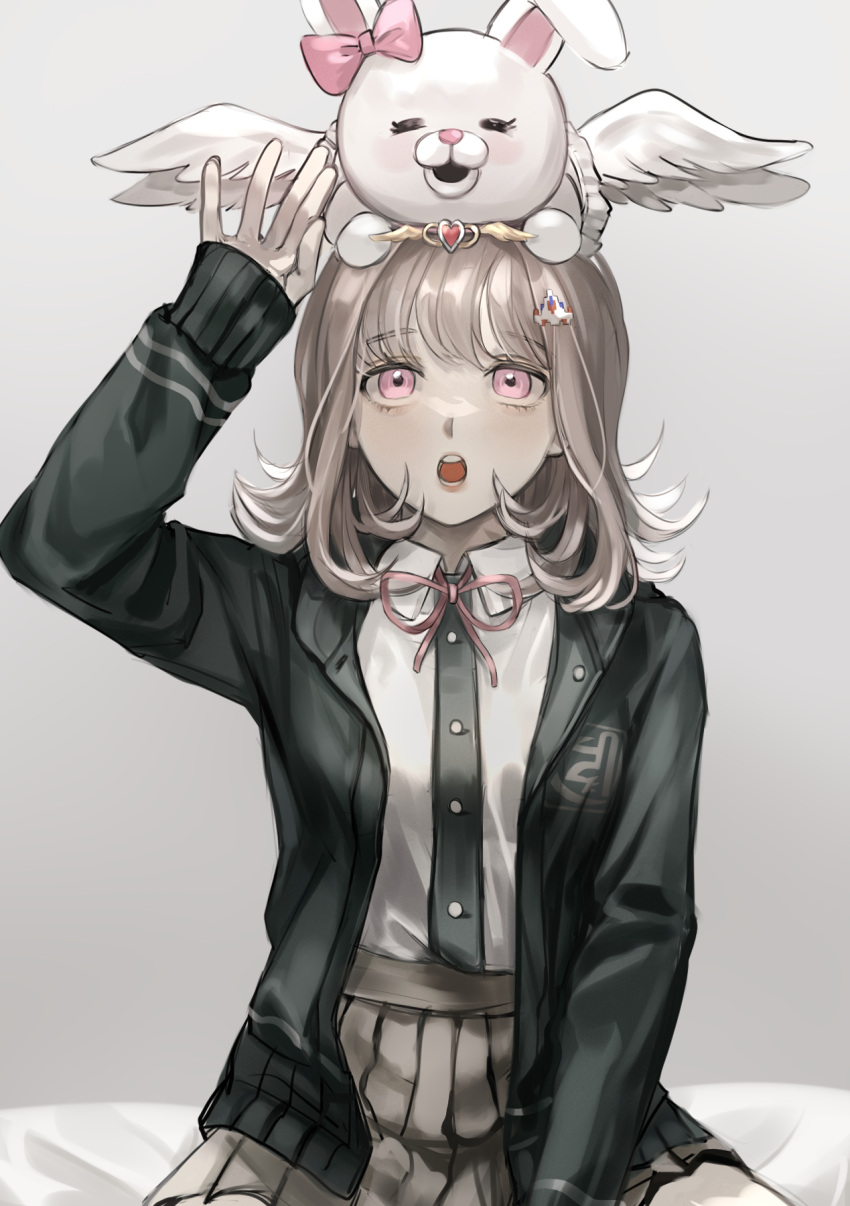 1girl arm_up bangs black_jacket black_shirt breasts brown_hair collared_shirt dangan_ronpa_(series) dangan_ronpa_2:_goodbye_despair dress_shirt ear_bow flipped_hair frilled_skirt frills grey_background hair_ornament hairclip highres hood jacket looking_up medium_breasts medium_hair muuyiie nanami_chiaki on_head on_person open_clothes open_jacket pink_eyes pink_skirt shiny shiny_hair shirt shirt_tucked_in sitting skirt symbol_commentary two-tone_shirt usami_(dangan_ronpa) wings