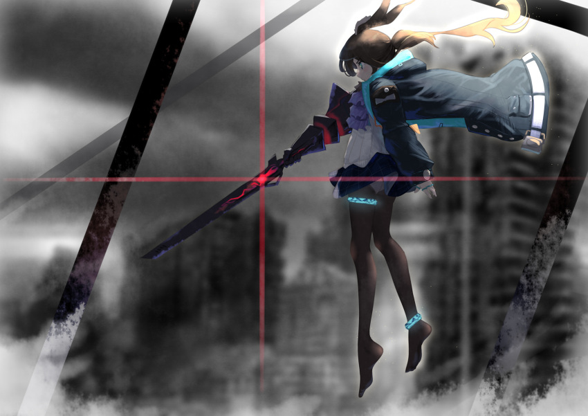1girl amiya_(arknights) animal_ear_fluff animal_ears arknights black_jacket black_legwear blue_eyes blue_skirt blurry blurry_background brown_hair building clouds cloudy_sky commentary_request depth_of_field floating floating_hair from_side glowing highres holding holding_sword holding_weapon hood hood_down hooded_jacket jacket jewelry levitation long_sleeves no_shoes open_clothes open_jacket outdoors overcast pantyhose ponytail profile puffy_long_sleeves puffy_sleeves rabbit_ears ring shirt skirt sky skyscraper sleeves_past_wrists solo sword too-ye weapon white_shirt