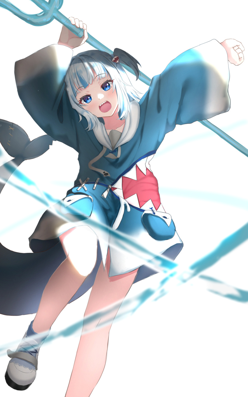 1girl arms_up bangs blue_hoodie blunt_bangs blush collarbone eyebrows_visible_through_hair feeilll fish_bone fish_tail full_body gawr_gura highres holding holding_trident holding_weapon hololive hololive_english hood hoodie long_sleeves looking_at_viewer medium_hair open_mouth polearm shark_tail sharp_teeth side_ponytail sidelocks solo tail teeth thighs tongue trident upper_teeth violet_eyes virtual_youtuber weapon white_background white_hair wide_sleeves