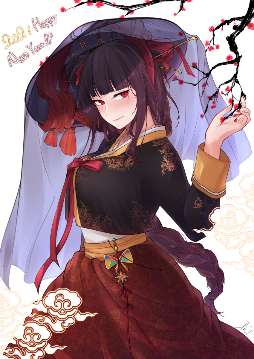 1girl 2021 absurdres alternate_costume alternate_hairstyle blush braid braided_ponytail breasts closed_mouth eyebrows_visible_through_hair girls_frontline hair_ornament hair_ribbon hanbok hand_up happy_new_year hat highres korean_clothes korean_traditional_hat long_hair looking_at_viewer nail_polish new_year purple_hair red_eyes red_nails red_ribbon ribbon simple_background smile solo stigmamyu traditional_clothes wa2000_(girls_frontline)
