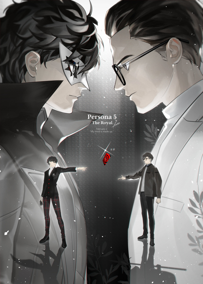 2boys absurdres amamiya_ren black_hair black_jacket black_pants btmr_game calling_card closed_mouth copyright_name glasses hair_between_eyes highres jacket long_sleeves male_focus maruki_takuto mask multiple_boys multiple_views pants persona persona_5 persona_5_the_royal plaid plaid_pants school_uniform shuujin_academy_uniform signature spoilers standing white_jacket