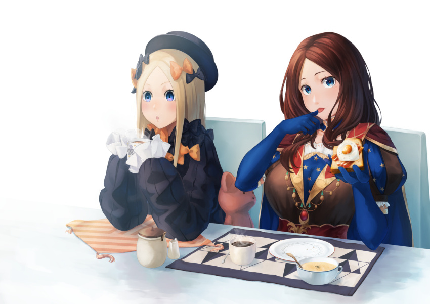 2girls abigail_williams_(fate) animal_print bacon black_bow blonde_hair blue_eyes blue_gloves bow bowl brown_hair chair commentary_request cup drink eating egg elbow_gloves fate/grand_order fate_(series) finger_licking food gloves hair_bow holding holding_cup holding_food jar leonardo_da_vinci_(fate) licking long_hair looking_at_viewer mori_yashiro_(konkon_oyashiro) mug multiple_girls octopus_print open_mouth orange_bow placemat plate puff_and_slash_sleeves puffy_sleeves simple_background sitting soup spoon steam stuffed_animal stuffed_toy sunny_side_up_egg table teddy_bear toast tongue tongue_out white_background