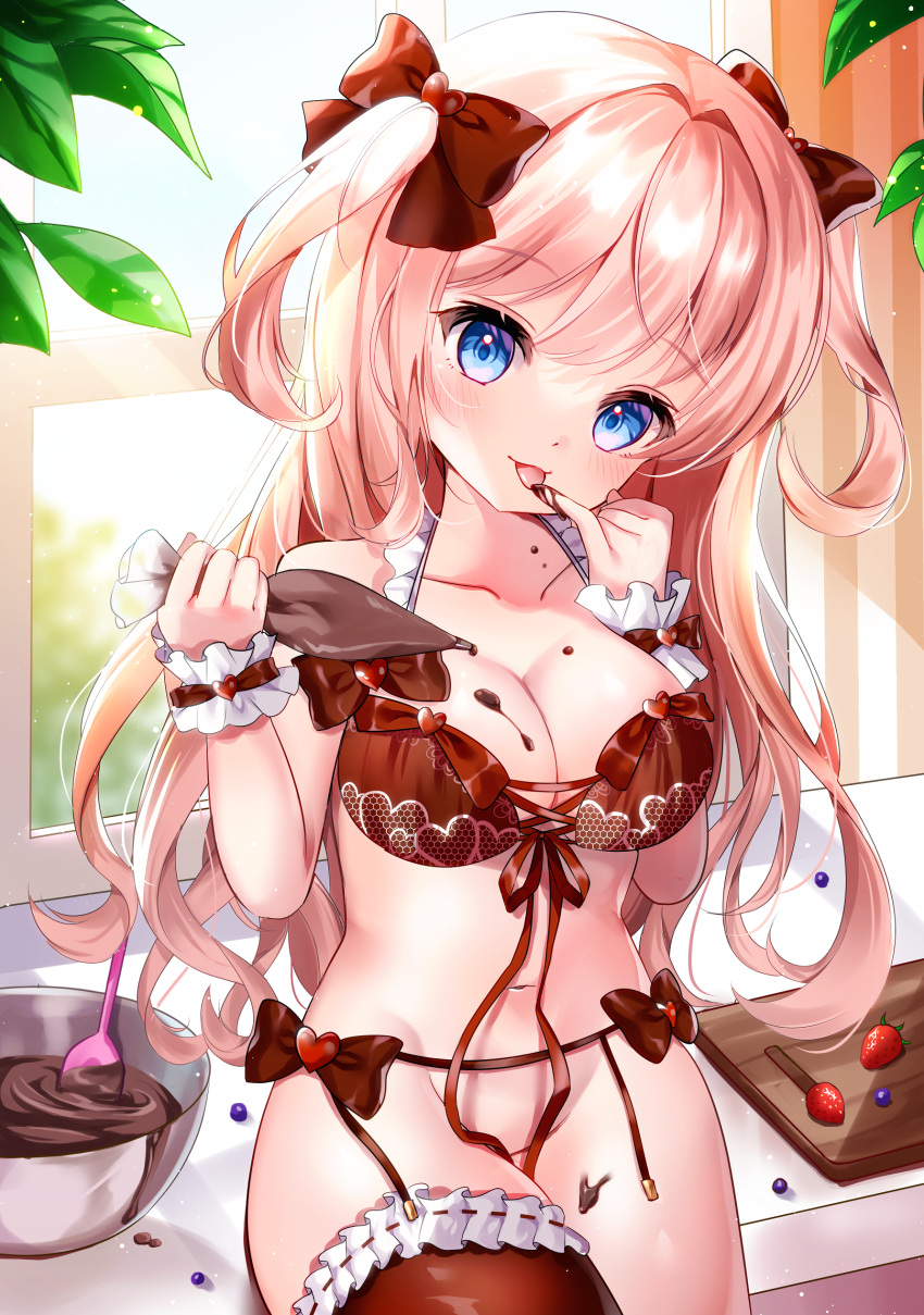 1girl :p absurdres blue_eyes blush bow breasts chocolate chocolate_on_breasts chocolate_on_fingers chocolate_syrup food fruit hair_bow highres indoors large_breasts long_hair looking_at_viewer messy mixing_bowl moe2021 original pink_hair sitting solo strawberry tongue tongue_out tsukimiya_sara two_side_up valentine window